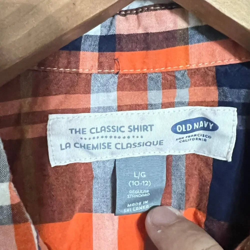 Old Navy Boys Shirt Size L (10/12) Orange Plaid Classic Short Sleeve Button Up